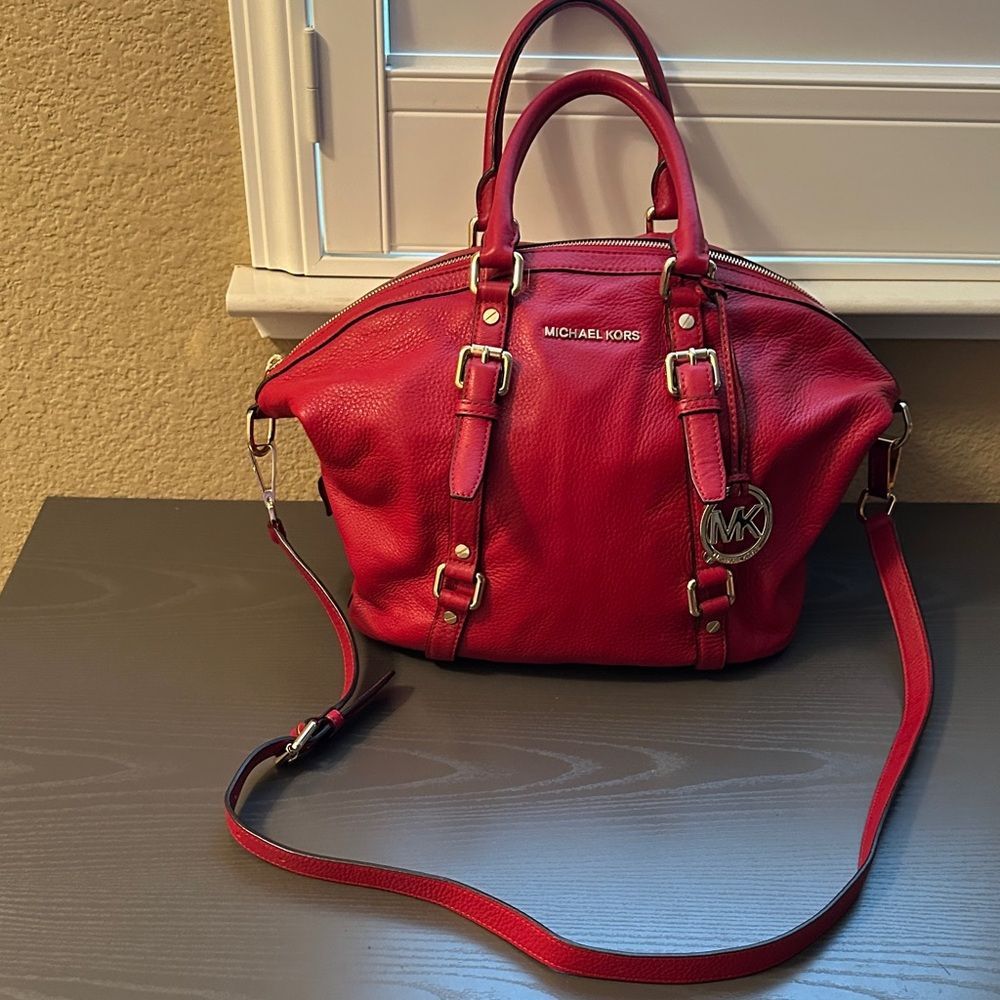 Michael Kors Vintage Cherry Red Satchel with Shoulder Strap Soft Leather Gold